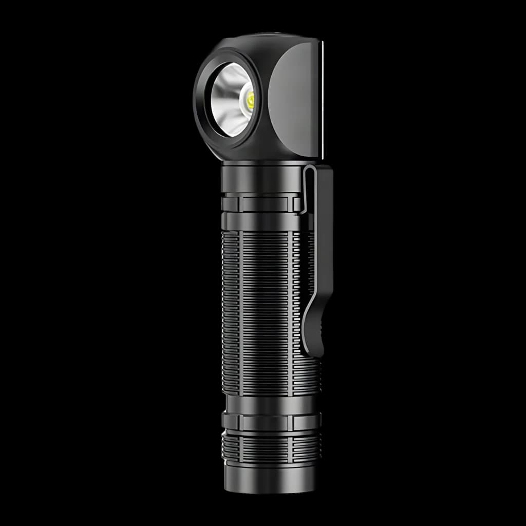 Lanterna frontal Superfire TH06 Preto USB-C recarregável 600 lúmens 111 m, vista frontal: corpo estriado preto com cabeça