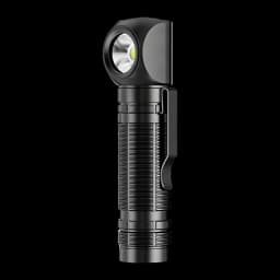 Lanterna frontal Superfire TH06 Preto USB-C recarregável 600 lúmens 111 m, vista frontal: corpo estriado preto com cabeça