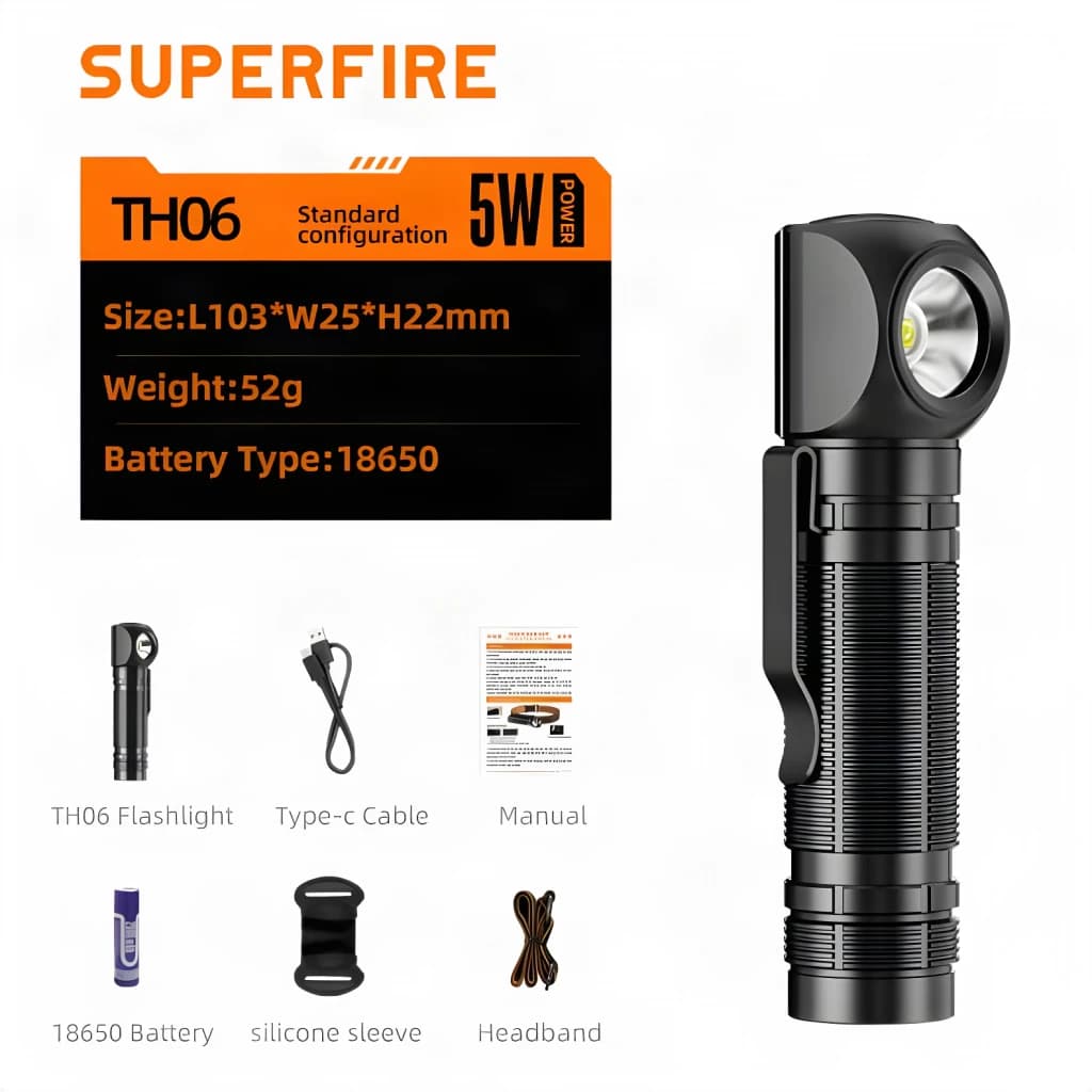 Lanterna frontal Superfire TH06 Preto USB-C recarregável 600 lúmens 111 m, em uso: conteúdo da caixa com lanterna angular
