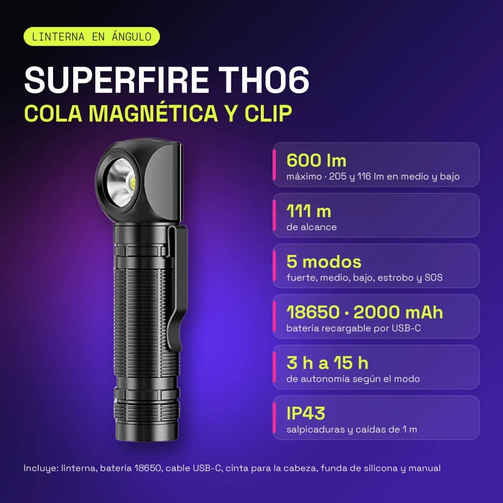 Lanterna frontal Superfire TH06 Preto USB-C recarregável 600 lúmens 111 m, infográfico: corpo angulado, cauda magnética