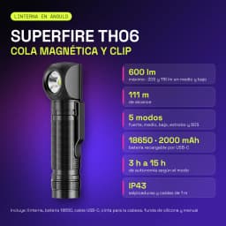 Lanterna frontal Superfire TH06 Preto USB-C recarregável 600 lúmens 111 m, infográfico: corpo angulado, cauda magnética