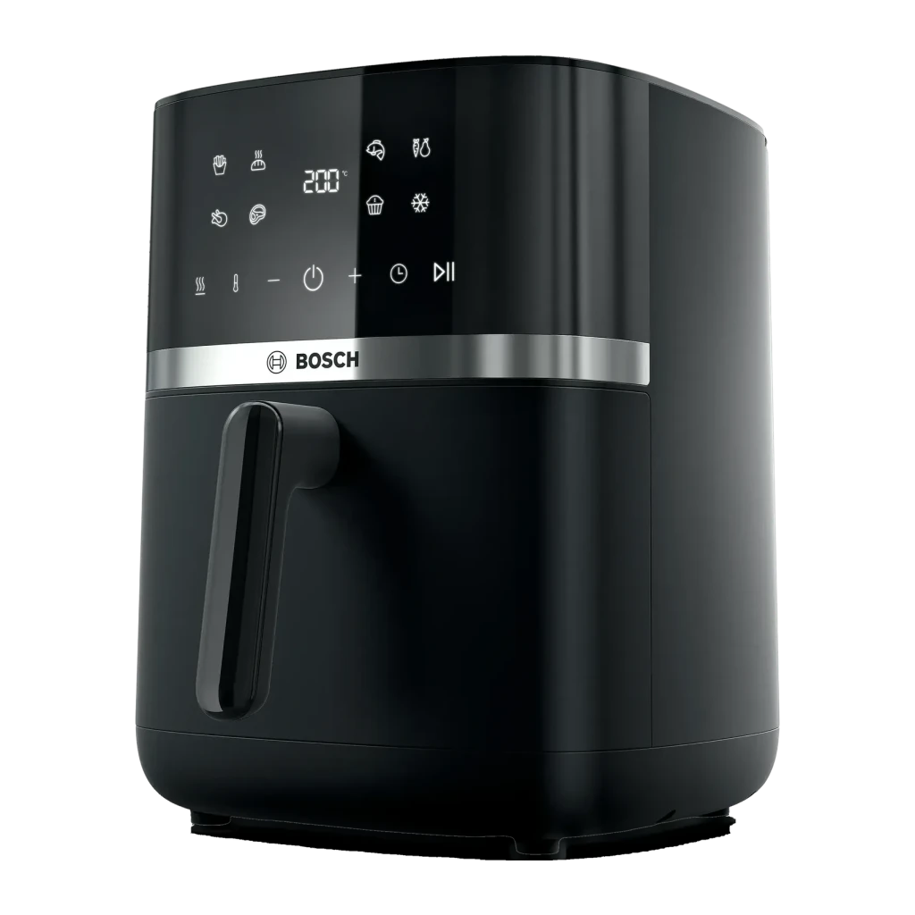 Freidora de aire Bosch Serie 4 6,1L 2050W Negro MAF462B0, vista frontal: panel táctil digital con 200°C, franja plateada