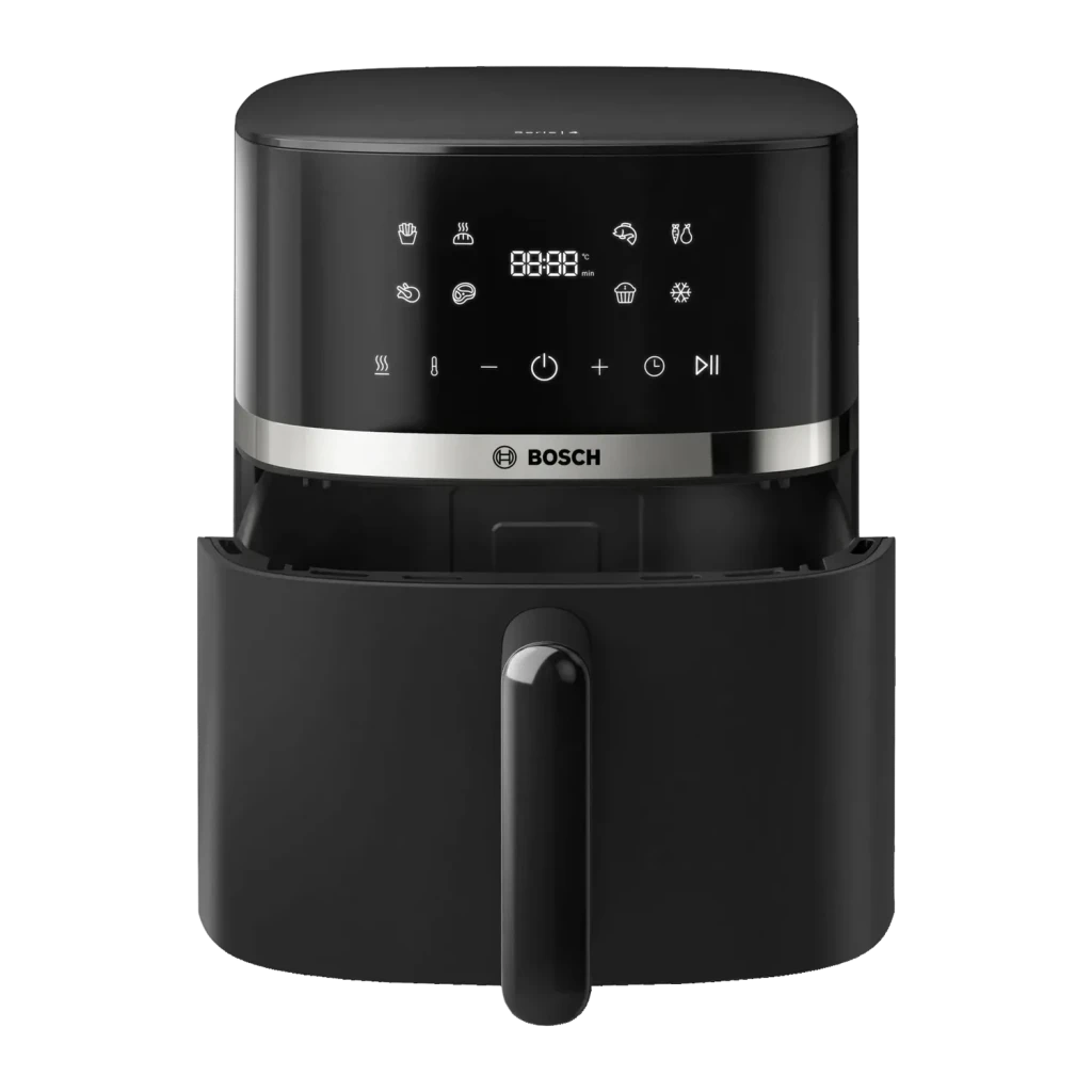 Freidora de aire Bosch Serie 4 6,1L 2050W Negro MAF462B0, detalle frontal: panel táctil con iconos de programas, display