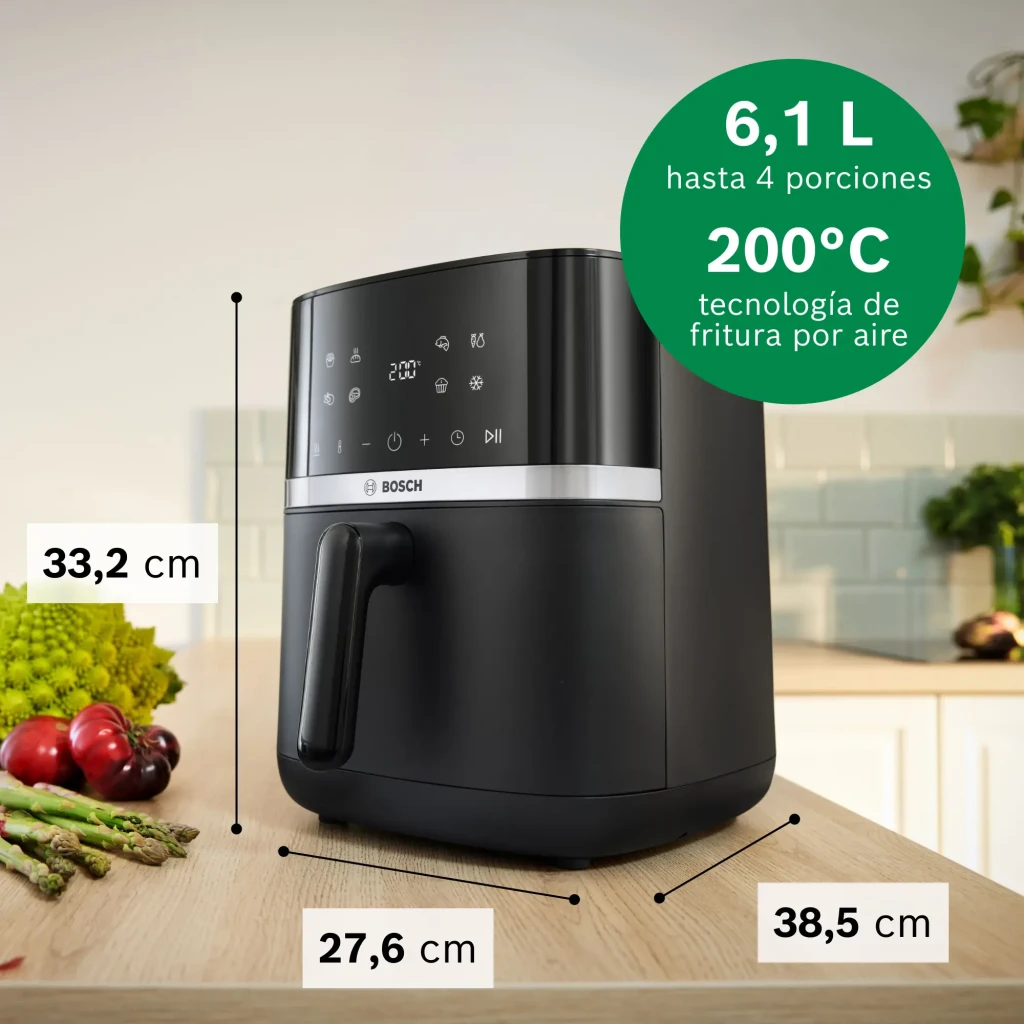 Freidora de aire Bosch Serie 4 6,1L 2050W Negro MAF462B0, vista lateral con dimensiones: 33,2x27,6x38,5 cm sobre encimera