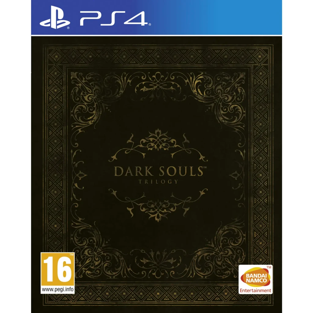 Videojuego Bandai Namco Entertainment Dark Souls Trilogy PS4, vista frontal: caja negra con ornamentos dorados, logo PS4