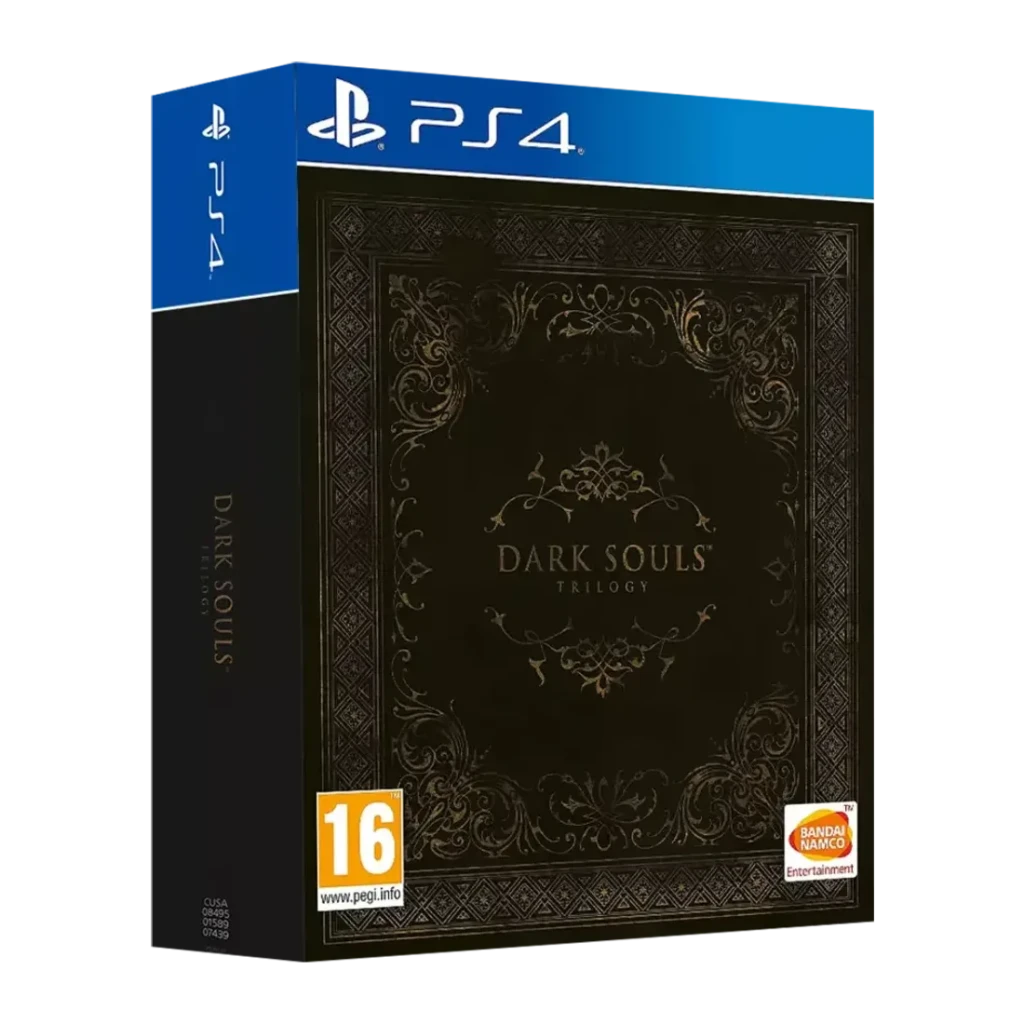 Videojuego Bandai Namco Entertainment Dark Souls Trilogy PS4, detalle: caja en ángulo con ornamentos dorados, franja azul