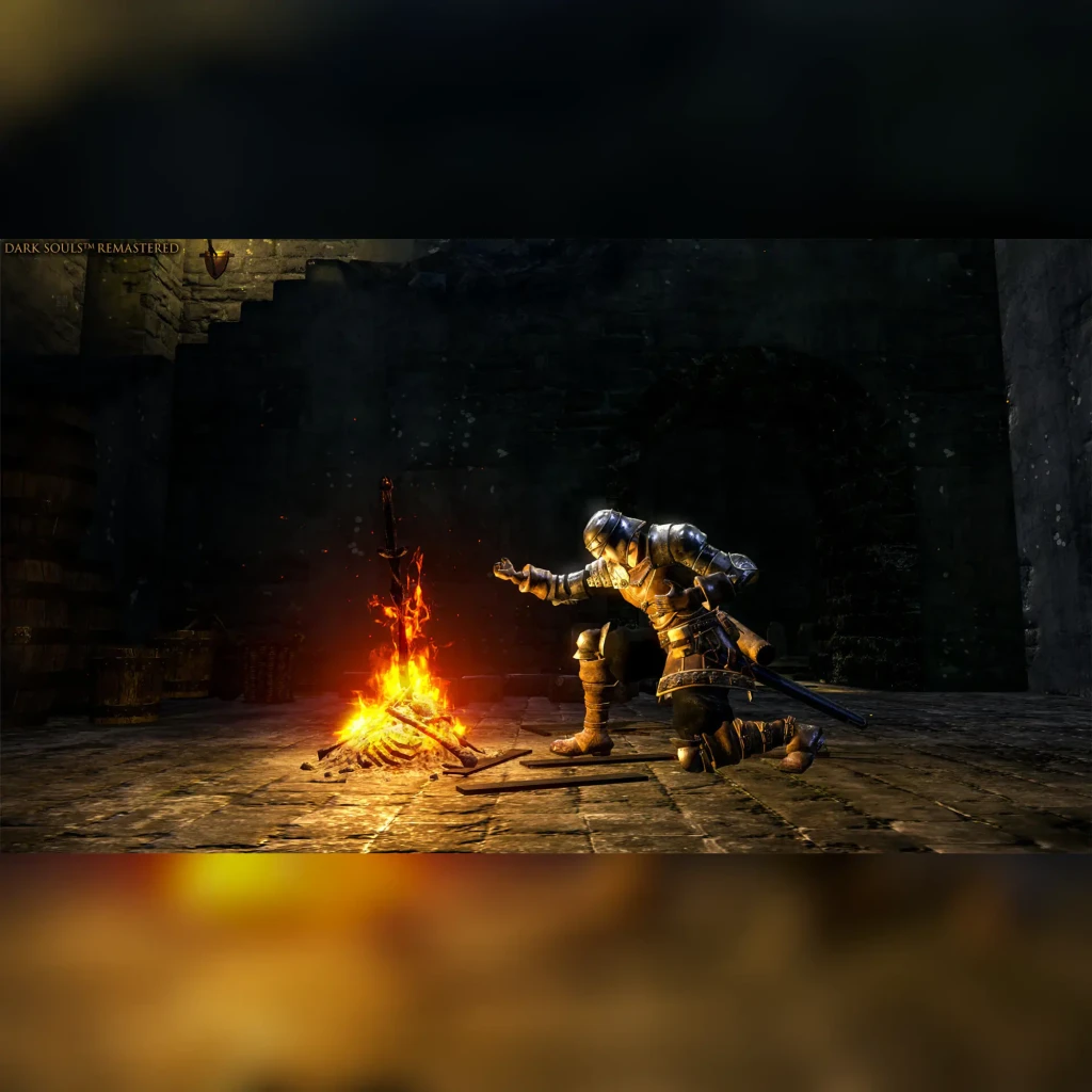 Videojuego Bandai Namco Entertainment Dark Souls Trilogy PS4, en uso: guerrero arrodillado ante hoguera en mazmorra oscura