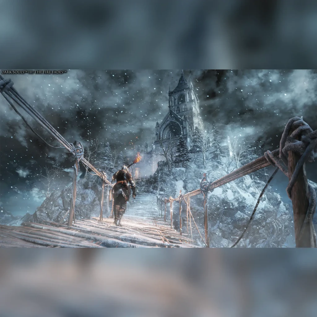 Videojuego Bandai Namco Entertainment Dark Souls Trilogy PS4, en uso: guerrero con antorcha cruza puente nevado hacia torre