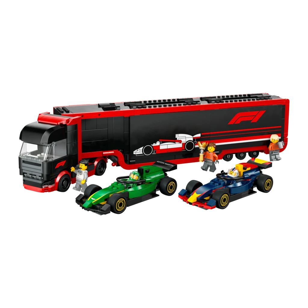 Set LEGO City 60445 Camion Transporteur F1 avec Voitures RB20 et AMR24 1086 pièces 8+ ans, vue de face: camion noir et rouge