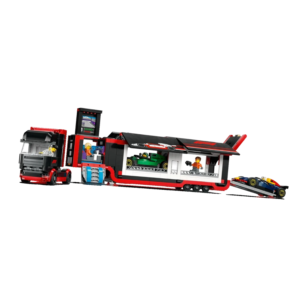 Set LEGO City 60445 Camion Transporteur F1 avec Voitures RB20 et AMR24 1086 pièces 8+ ans, détail: intérieur ouvert