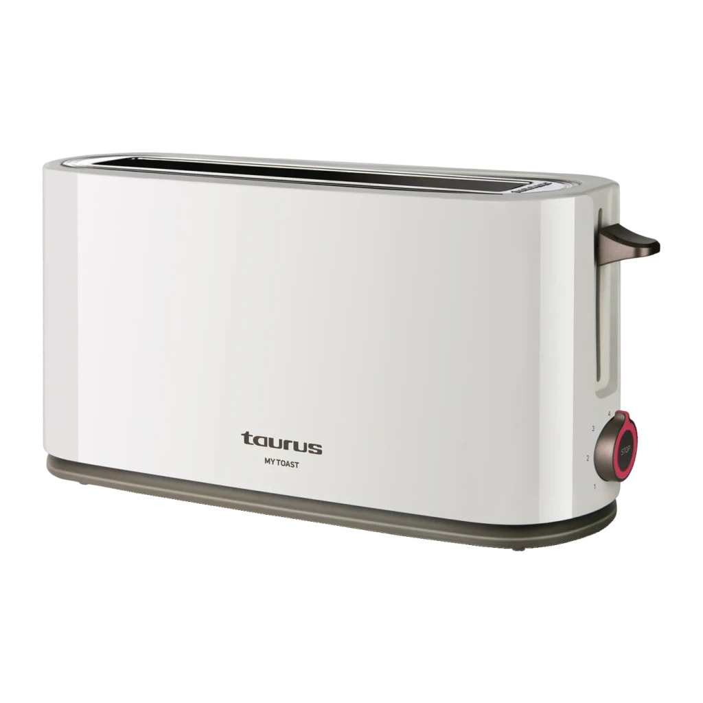 Tostadora Taurus My Toast 1000W 1 Ranura Blanco, vista frontal: cuerpo blanco con ranura larga, mando giratorio rojo