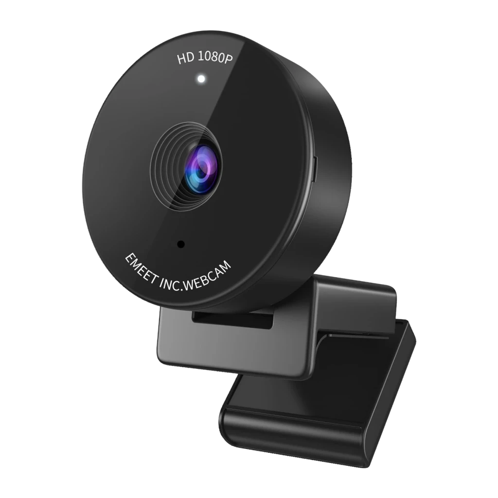 Webcam EMEET SmartCam C950 Full HD 1080p Noir, vue de face: objectif circulaire à optique multicolore, voyant LED et clip