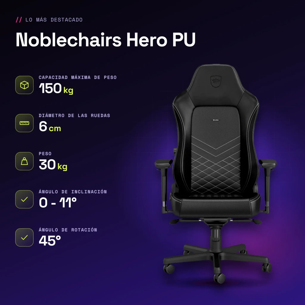 Chaise Gaming Noblechairs Hero PU Noir/Blanc 150 kg Basculante 11° - caractéristiques