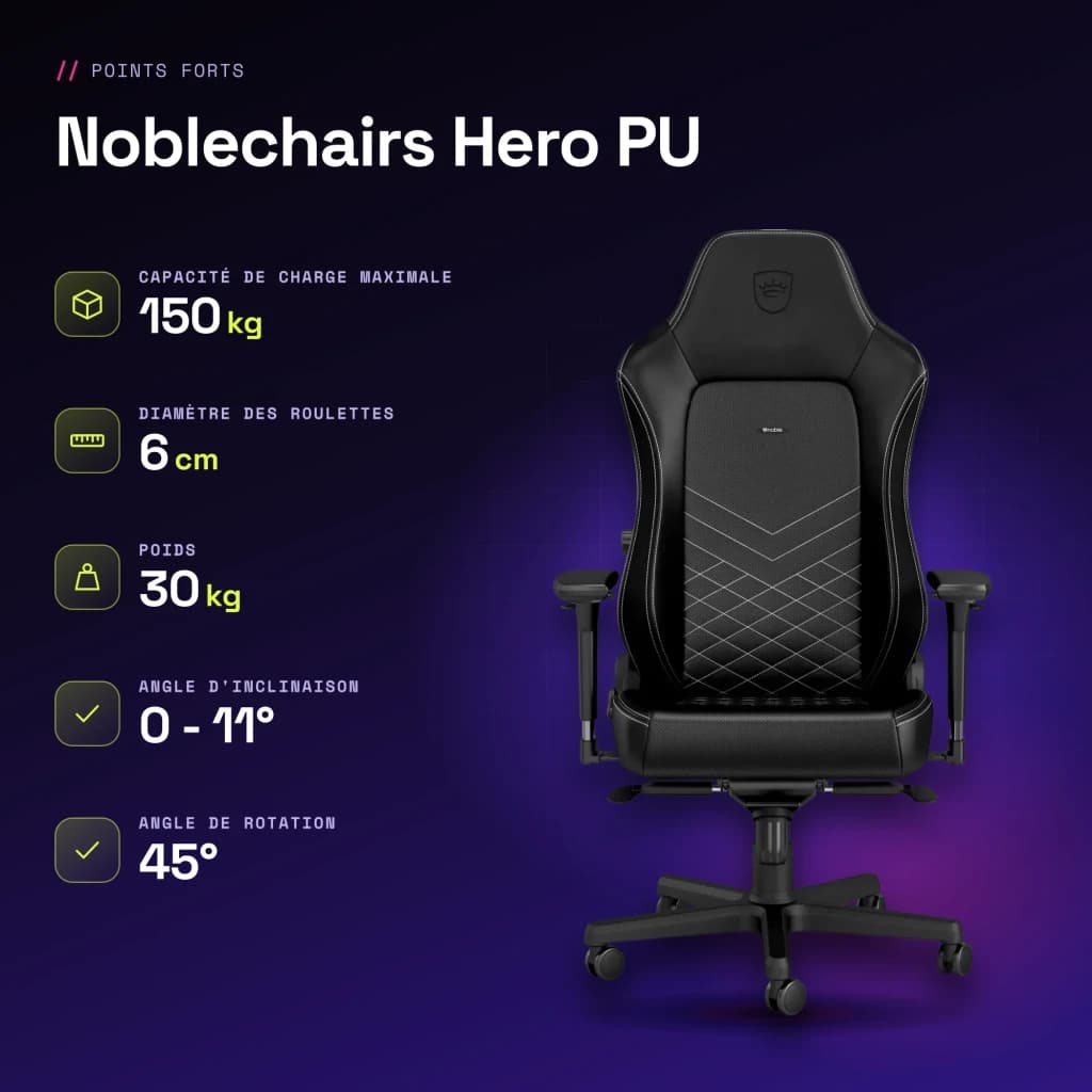 Chaise Gaming Noblechairs Hero PU Noir/Blanc 150 kg Basculante 11° - caractéristiques