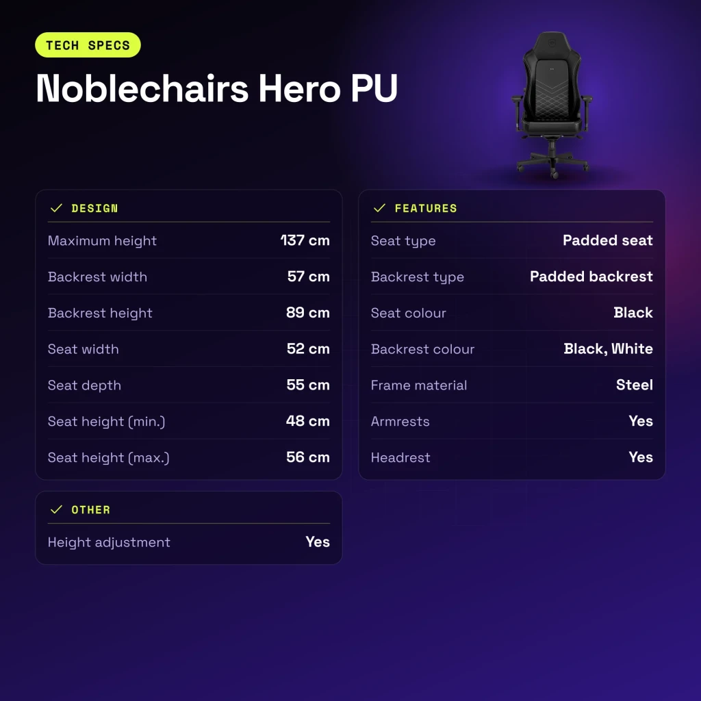 Chaise Gaming Noblechairs Hero PU Noir/Blanc 150 kg Basculante 11° - caractéristiques