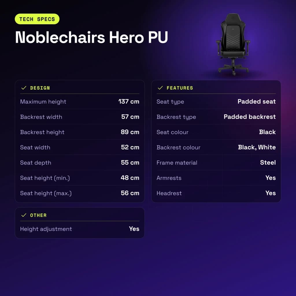 Chaise Gaming Noblechairs Hero PU Noir/Blanc 150 kg Basculante 11° - caractéristiques