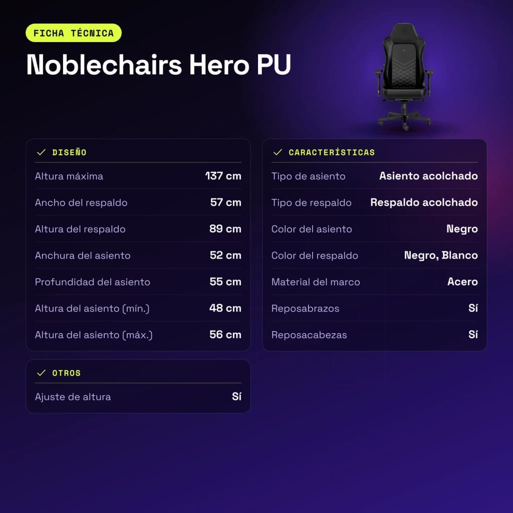 Chaise Gaming Noblechairs Hero PU Noir/Blanc 150 kg Basculante 11° - caractéristiques