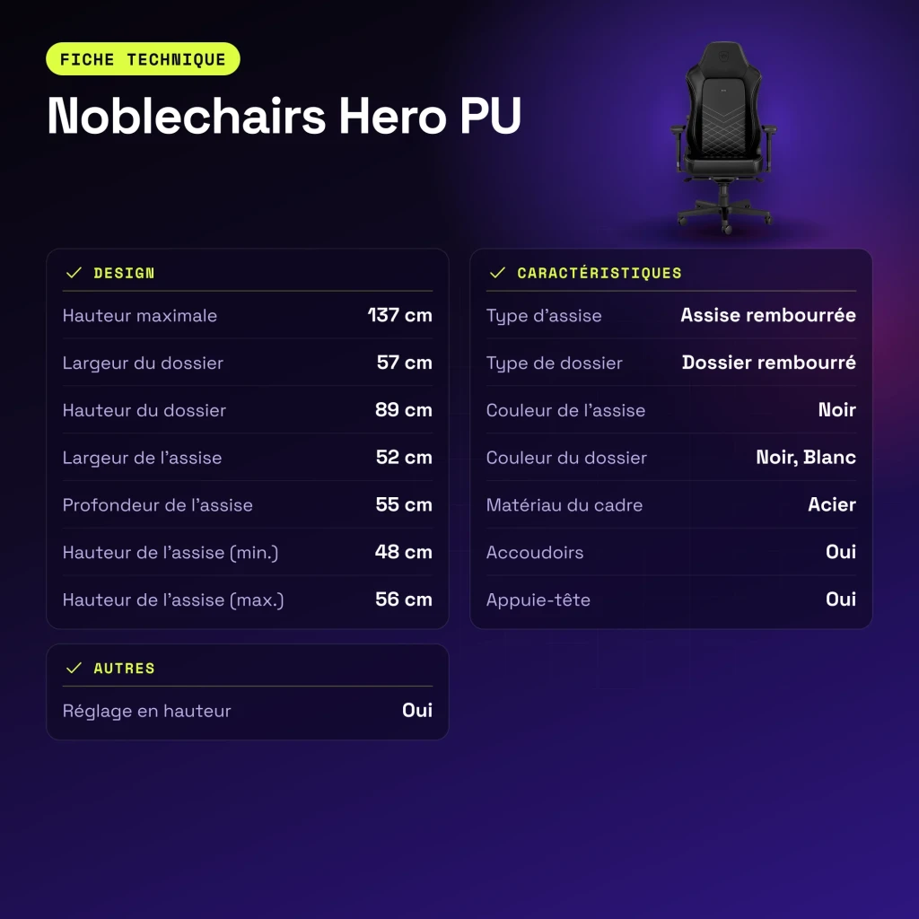 Chaise Gaming Noblechairs Hero PU Noir/Blanc 150 kg Basculante 11° - caractéristiques