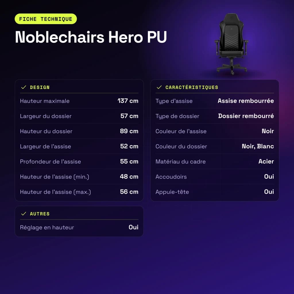 Chaise Gaming Noblechairs Hero PU Noir/Blanc 150 kg Basculante 11° - caractéristiques