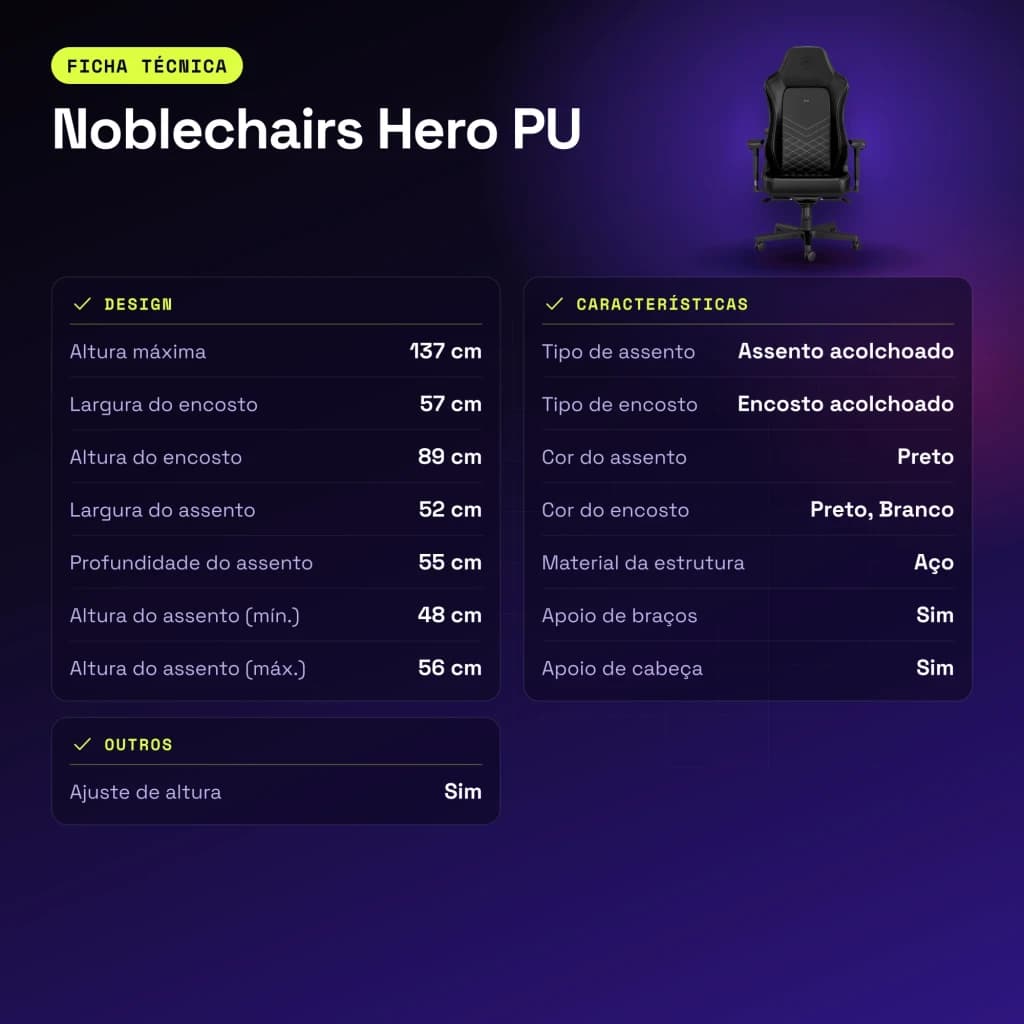 Chaise Gaming Noblechairs Hero PU Noir/Blanc 150 kg Basculante 11° - caractéristiques