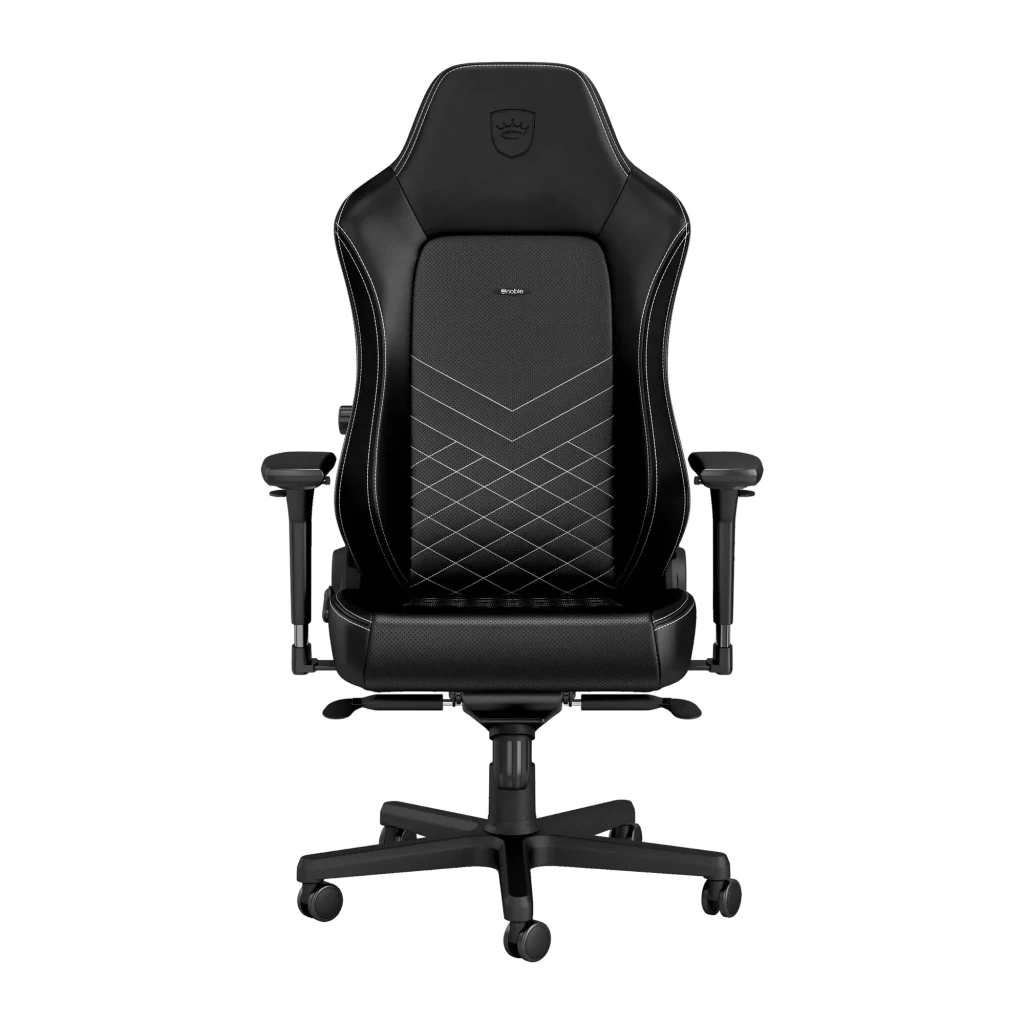 Chaise Gaming Noblechairs Hero PU Noir/Blanc 150 kg Inclinable 11°, vue de face: dossier avec surpiqûres blanches