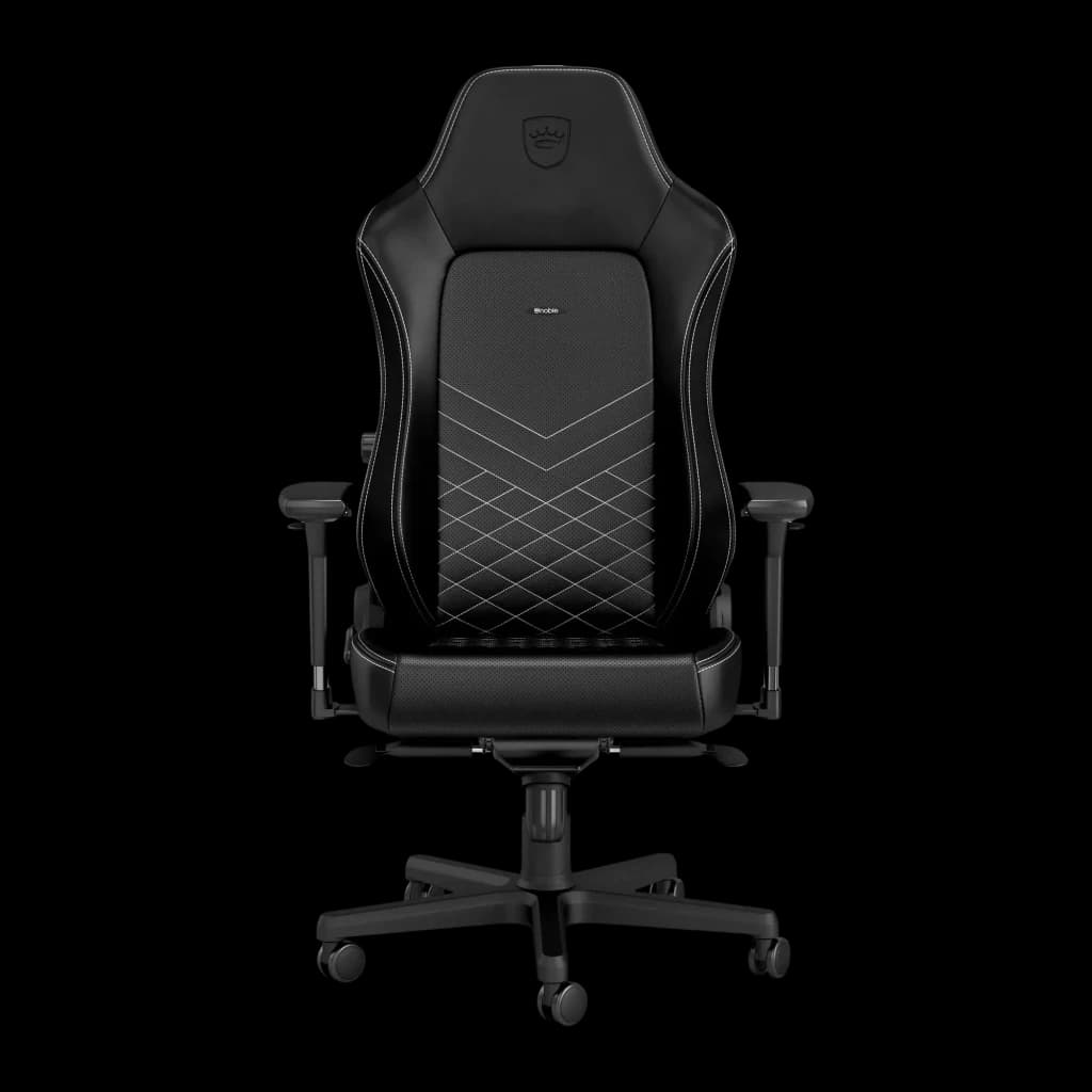 Chaise Gaming Noblechairs Hero PU Noir/Blanc 150 kg Inclinable 11°, vue de face: dossier avec surpiqûres blanches
