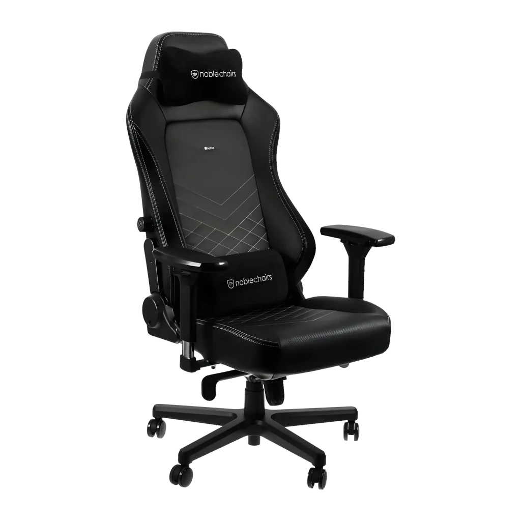 Chaise Gaming Noblechairs Hero PU Noir/Blanc 150 kg Inclinable 11°, détail: coutures blanches sur dossier et assise