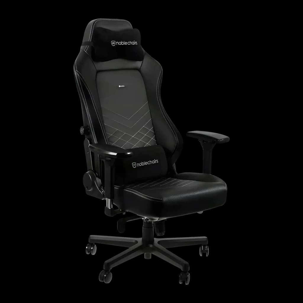 Chaise Gaming Noblechairs Hero PU Noir/Blanc 150 kg Inclinable 11°, détail: coutures blanches sur dossier et assise