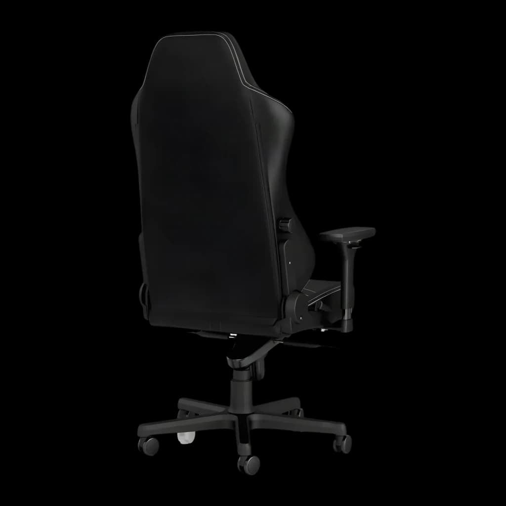 Chaise Gaming Noblechairs Hero PU Noir/Blanc 150 kg Inclinable 11°, vue arrière: dossier haut en PU noir avec coutures