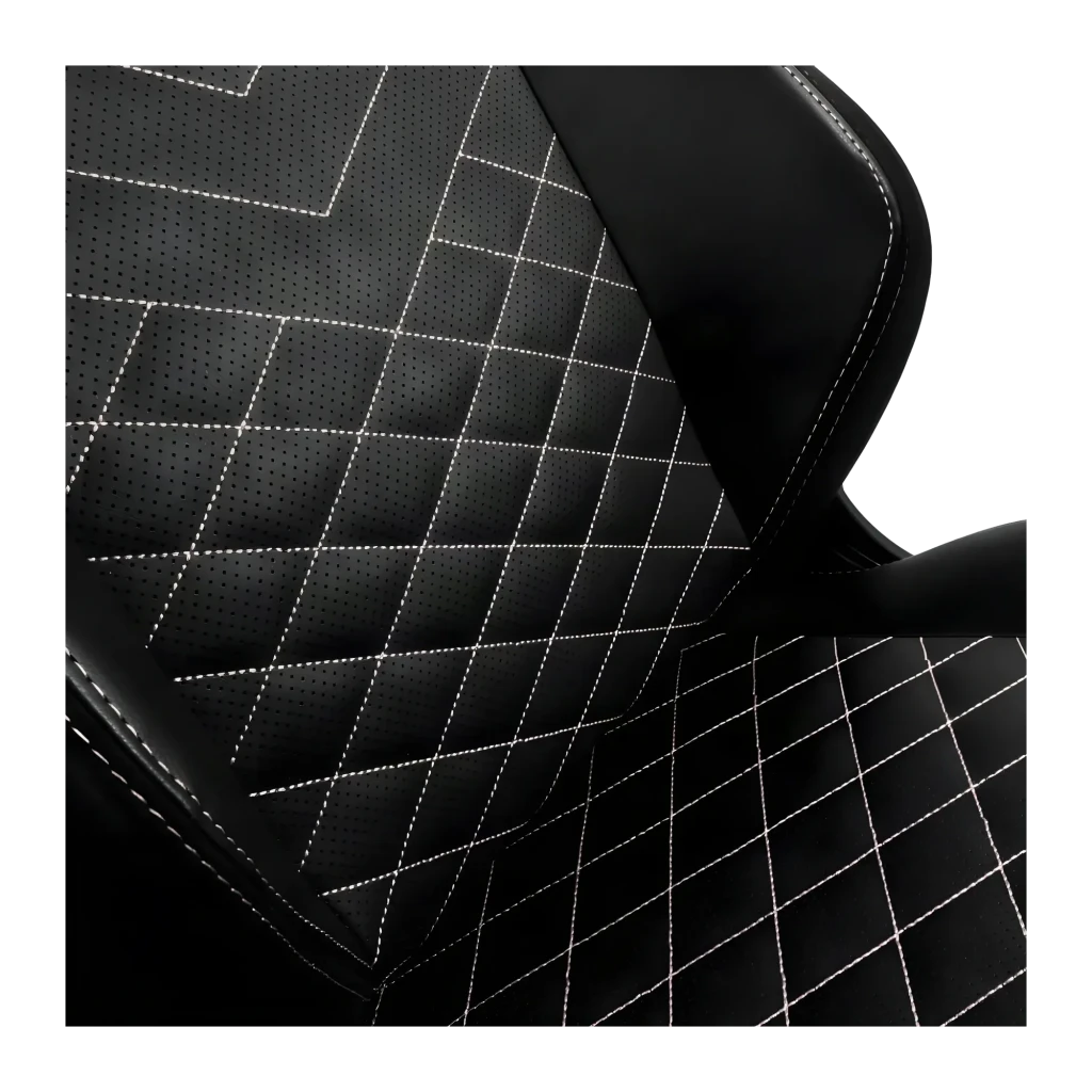 Chaise Gaming Noblechairs Hero PU Noir/Blanc 150 kg Inclinable 11°, détail: revêtement PU perforé avec surpiqûres losange