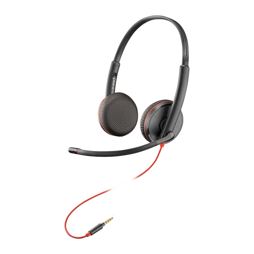 Auriculares con micrófono Poly Blackwire C3225 Reducción de ruido Diadema Negro, detalle: almohadillas con ribete rojo