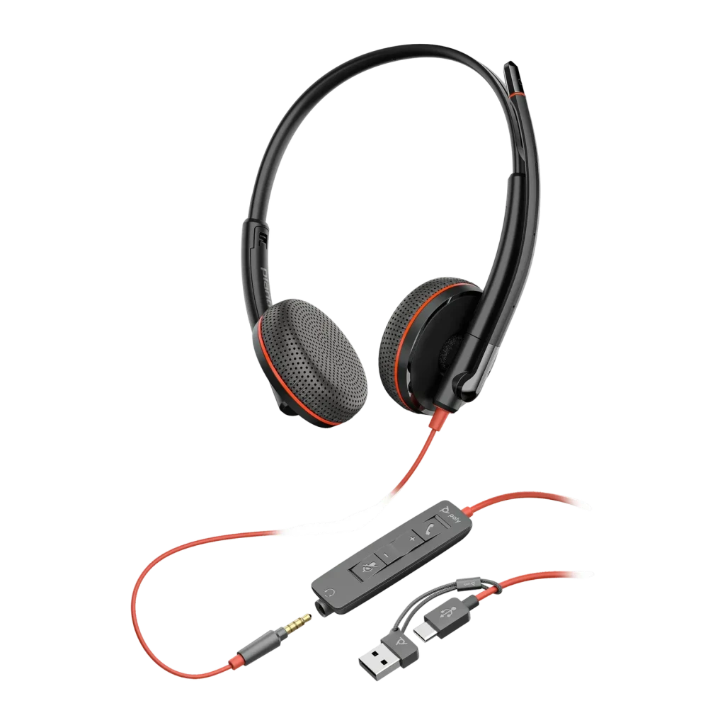 Auriculares con micrófono Poly Blackwire C3225 Reducción de ruido Diadema Negro, detalle: almohadillas con ribete rojo
