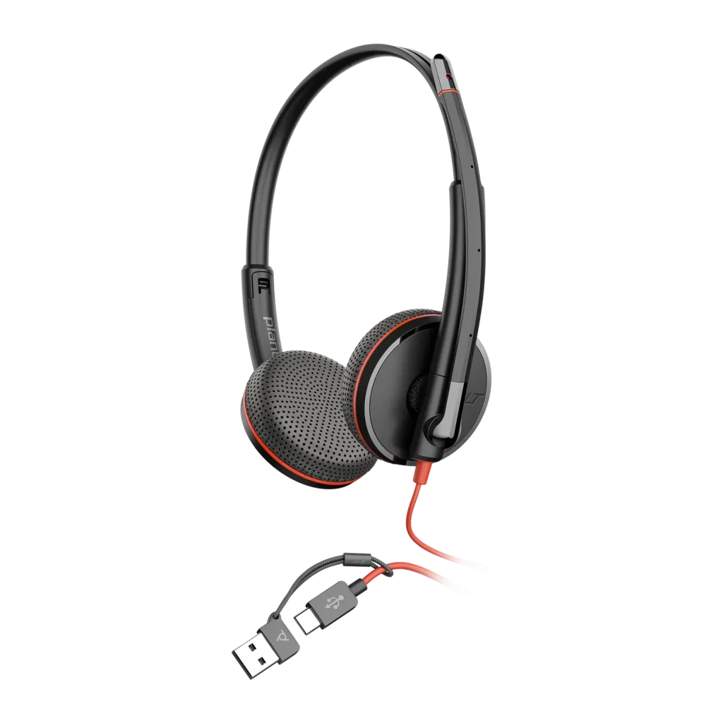 Auriculares con micrófono Poly Blackwire C3225 Reducción de ruido Diadema Negro, detalle: almohadillas con ribete naranja