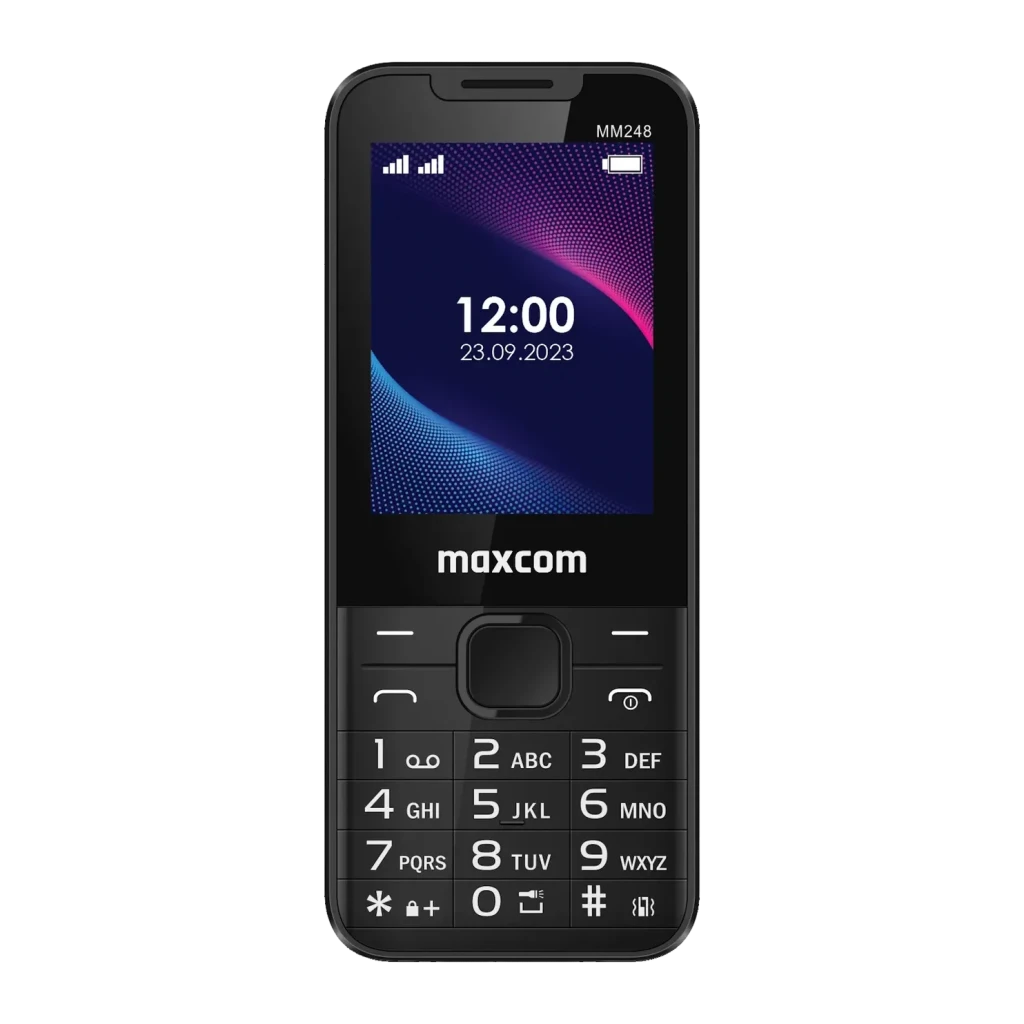 MaxCom Classic MM248 4G 2.4 pulgadas Negro microSD, vista frontal: pantalla encendida, teclado numérico grande y logo maxcom