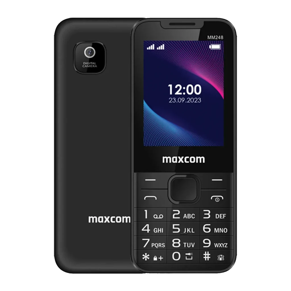 MaxCom Classic MM248 4G 2.4 pulgadas Negro microSD, detalle: frontal y trasera visibles, pantalla encendida con hora