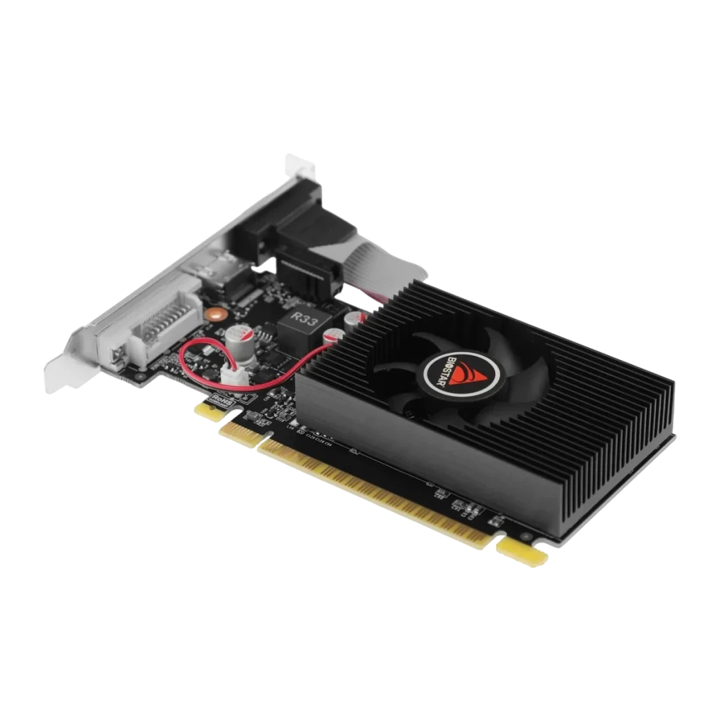 Biostar GeForce GT 730 2GB GDDR3 Low Profile VN7313THX1, detalle: disipador negro con ventilador Biostar y PCB
