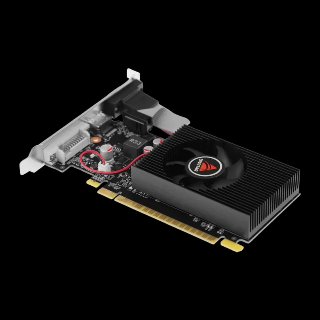 Biostar GeForce GT 730 2GB GDDR3 Low Profile VN7313THX1, detalle: disipador negro con ventilador Biostar y PCB