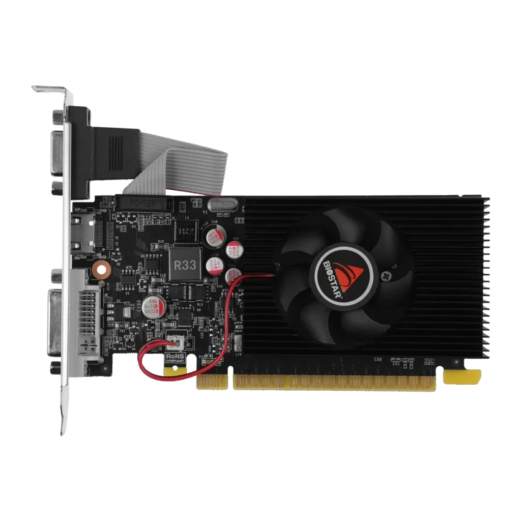 Biostar GeForce GT 730 2GB GDDR3 Low Profile VN7313THX1, vista frontal: PCB negro con ventilador, disipador y bracket