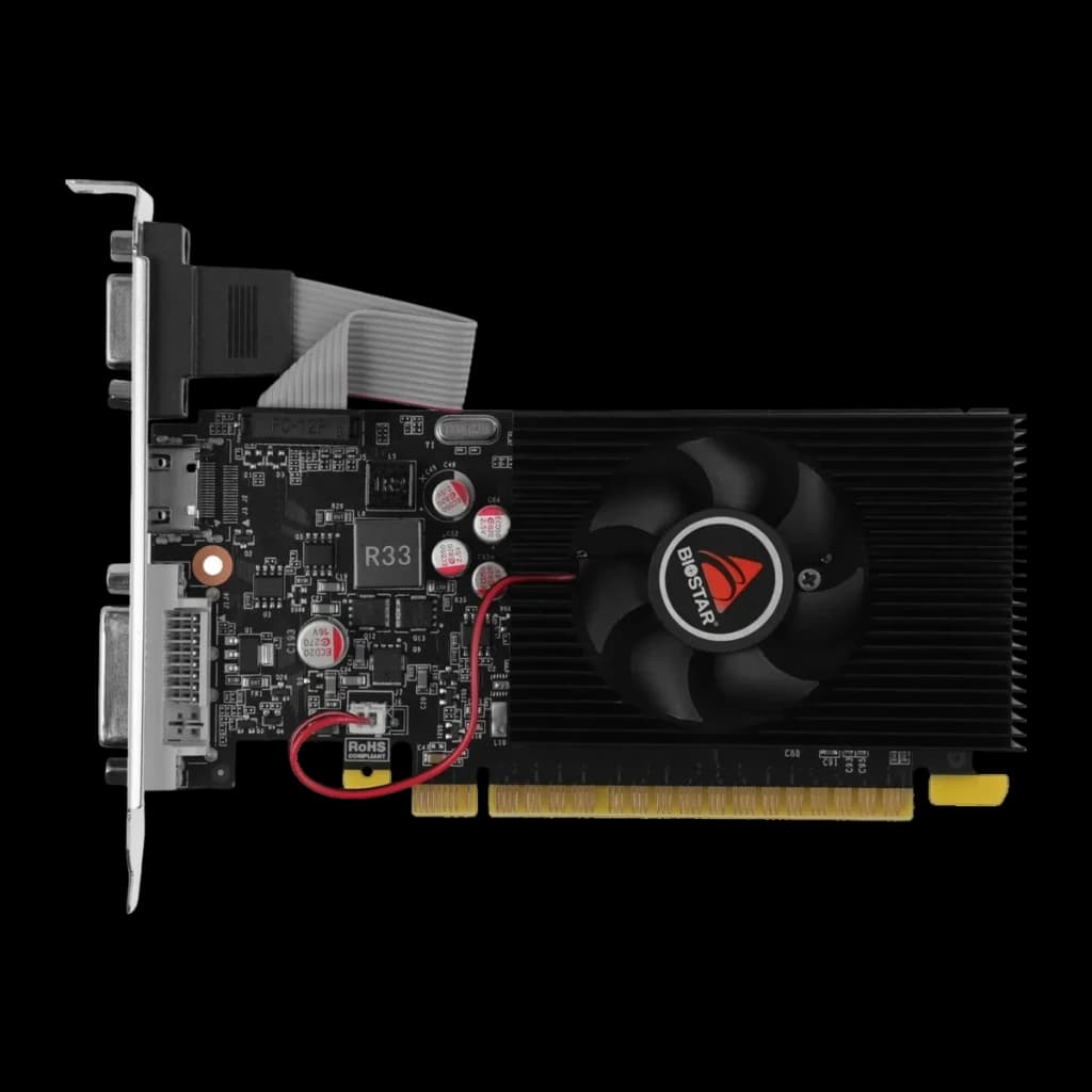 Biostar GeForce GT 730 2GB GDDR3 Low Profile VN7313THX1, vista frontal: PCB negro con ventilador, disipador y bracket