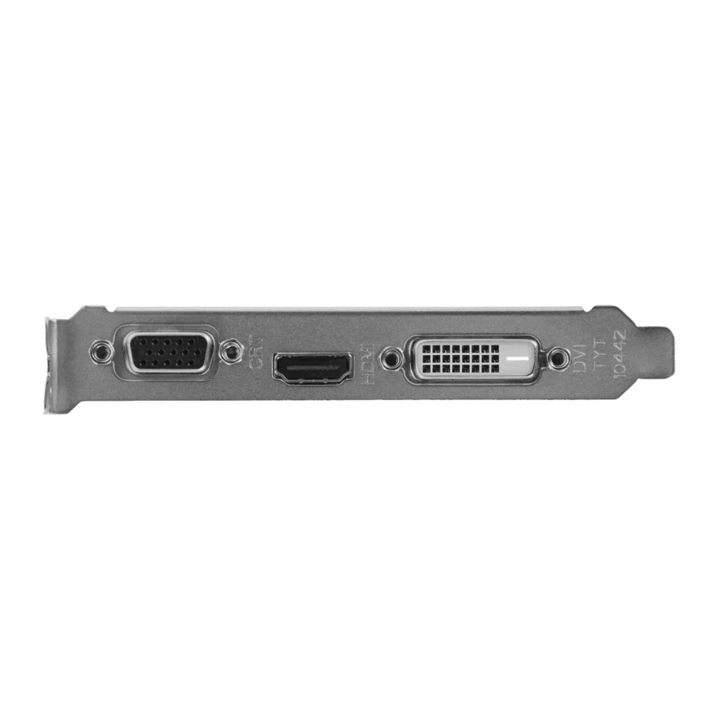 Biostar GeForce GT 730 2GB GDDR3 Low Profile VN7313THX1, detalle: bracket con puertos VGA, HDMI y DVI
