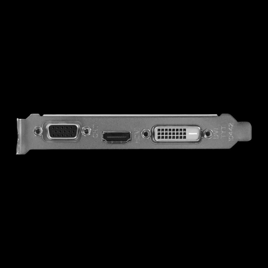 Biostar GeForce GT 730 2GB GDDR3 Low Profile VN7313THX1, detalle: bracket con puertos VGA, HDMI y DVI