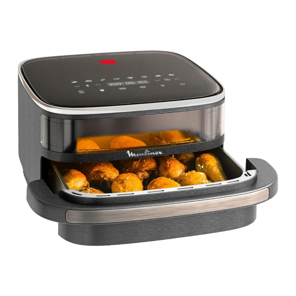 Friteuse à air Moulinex Easy Fry XL Surface 4L 2200W 10 programmes Gris AL402H, détail: tiroir ouvert avec ailes dorées