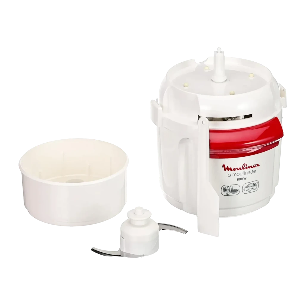 Picadora Moulinex La Moulinette 0,25L 800W 3 Velocidades Blanco/Rojo AD5601, detalle: cuerpo motor, bol y cuchilla