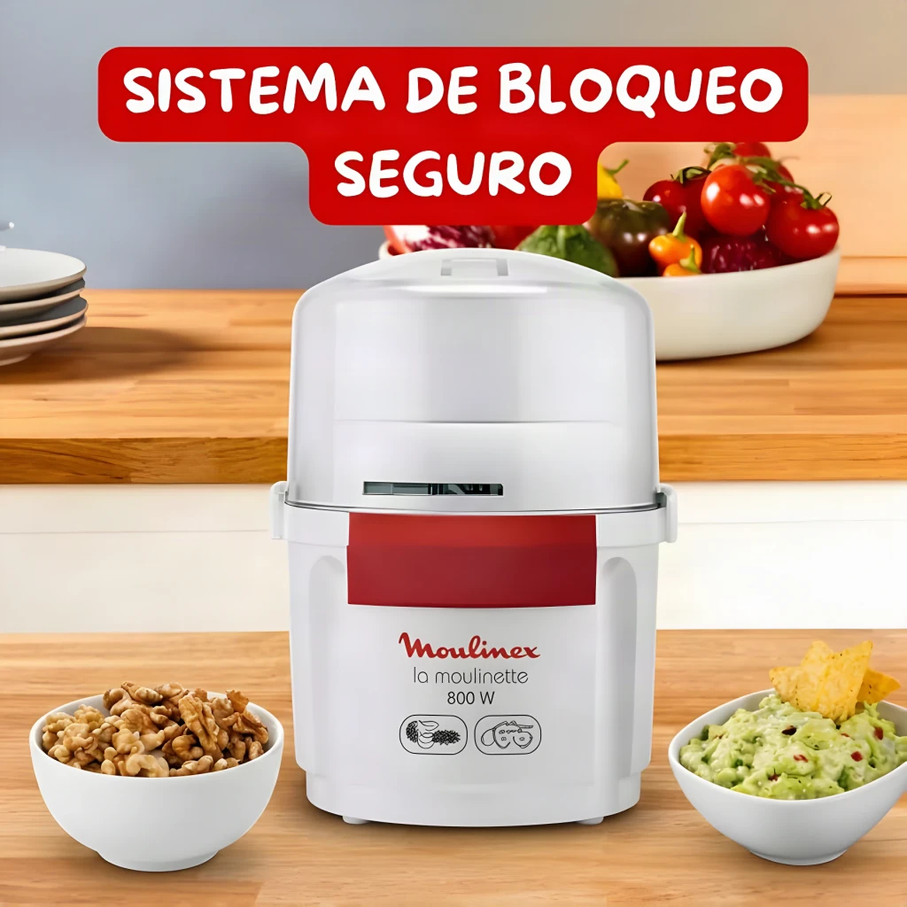 Picadora Moulinex La Moulinette 0,25L 800W 3 Velocidades Blanco/Rojo AD5601, en uso: sobre encimera de madera con nueces