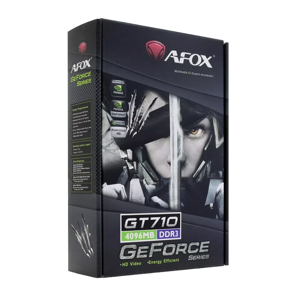 AFOX GeForce GT 710 4GB DDR3 Low Profile, caja: packaging negro con logo AFOX, ilustración guerrero y modelo GT710 4096MB