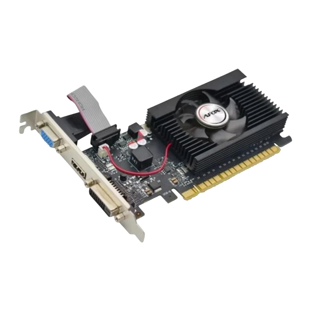 AFOX GeForce GT 710 4GB DDR3 Low Profile, detalle: vista en ángulo con disipador, ventilador AFOX, puertos VGA, HDMI y DVI