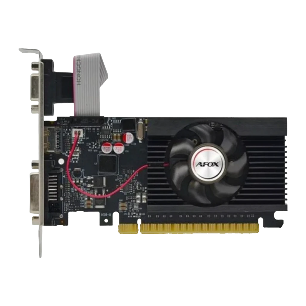 AFOX GeForce GT 710 4GB DDR3 Low Profile, vista frontal: PCB negro con ventilador AFOX, disipador de aletas y bracket