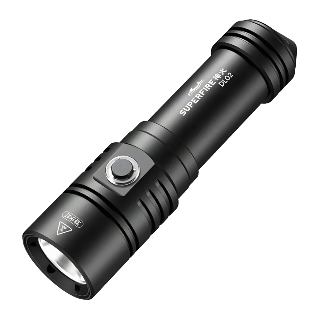 Lanterna LED Superfire DL02 Preto Bateria 26650 recarregável 2000 lúmens 250 m, vista frontal: corpo alumínio preto