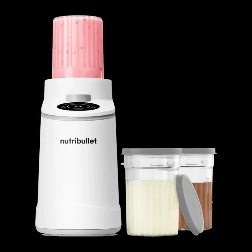 Sorbetière NutriBullet Chill 0,47L 500W Blanc NBD0503W, vue de face: base blanche avec panneau tactile, bol avec glace rose