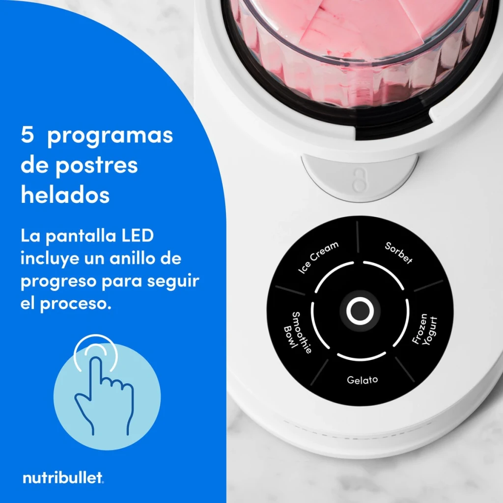 Sorbetière NutriBullet Chill 0,47L 500W Blanc NBD0503W, détail: panneau LED avec 5 programmes Ice Cream Sorbet Gelato Frozen